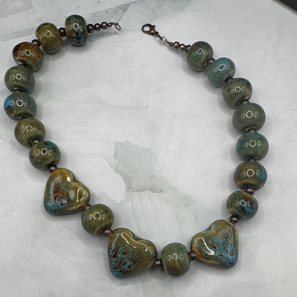 No Label Jewelry - Handcrafted Green Glazed Heart Bead Necklace